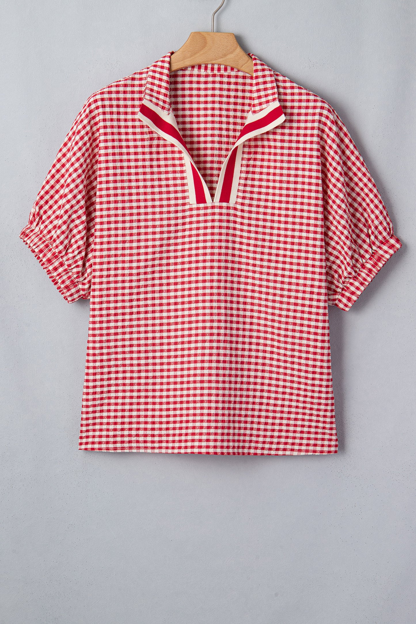 Red Plaid Short Sleeve Colorblock Trim Split Neck Blouse