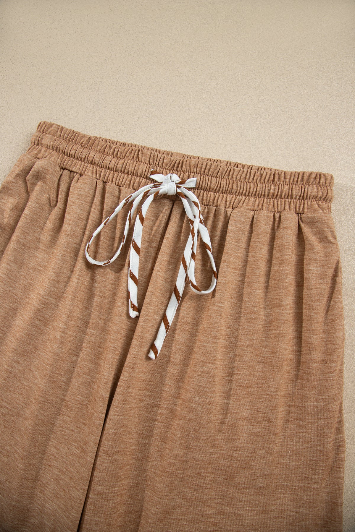 Khaki Stripe V Neck Ruffle Contrast Sleeve Top Drawstring Pants 2pcs Set