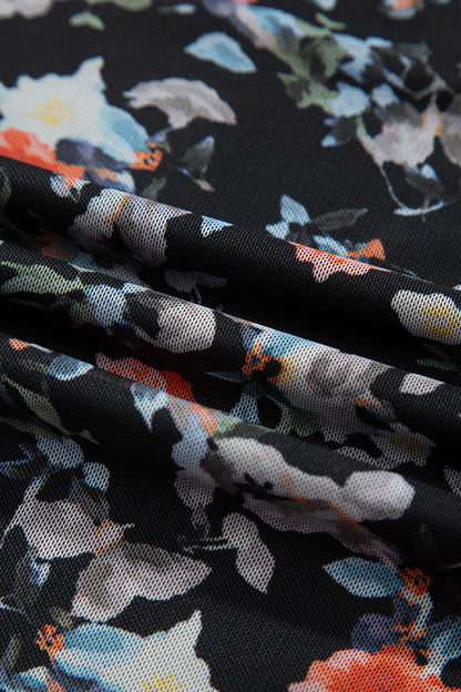 Black Floral Print Mesh Thumb Hole Long Sleeve Pullover Top