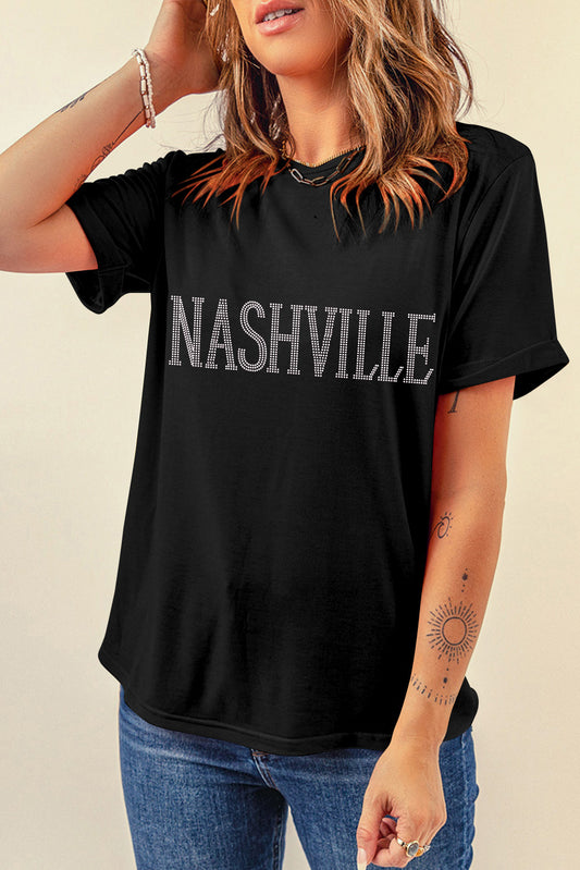 Black Rhinestone NASHVILLE Graphic Crewneck T Shirt