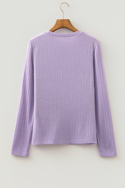 Lavendula Solid Color Ribbed Texture Long Sleeve Round Neck Casual Top