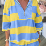 Yellow Stripe Seam Detail Half Zip Tee Casual Shorts 2pcs Set