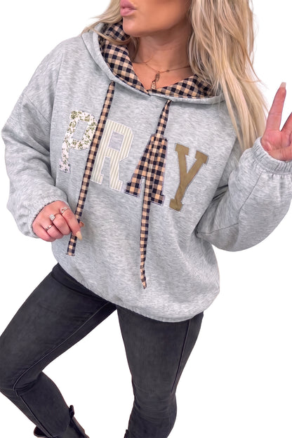 Light Grey PRAY Mix Pattern Letter Graphic Plaid Contrast Drawstring Hoodie
