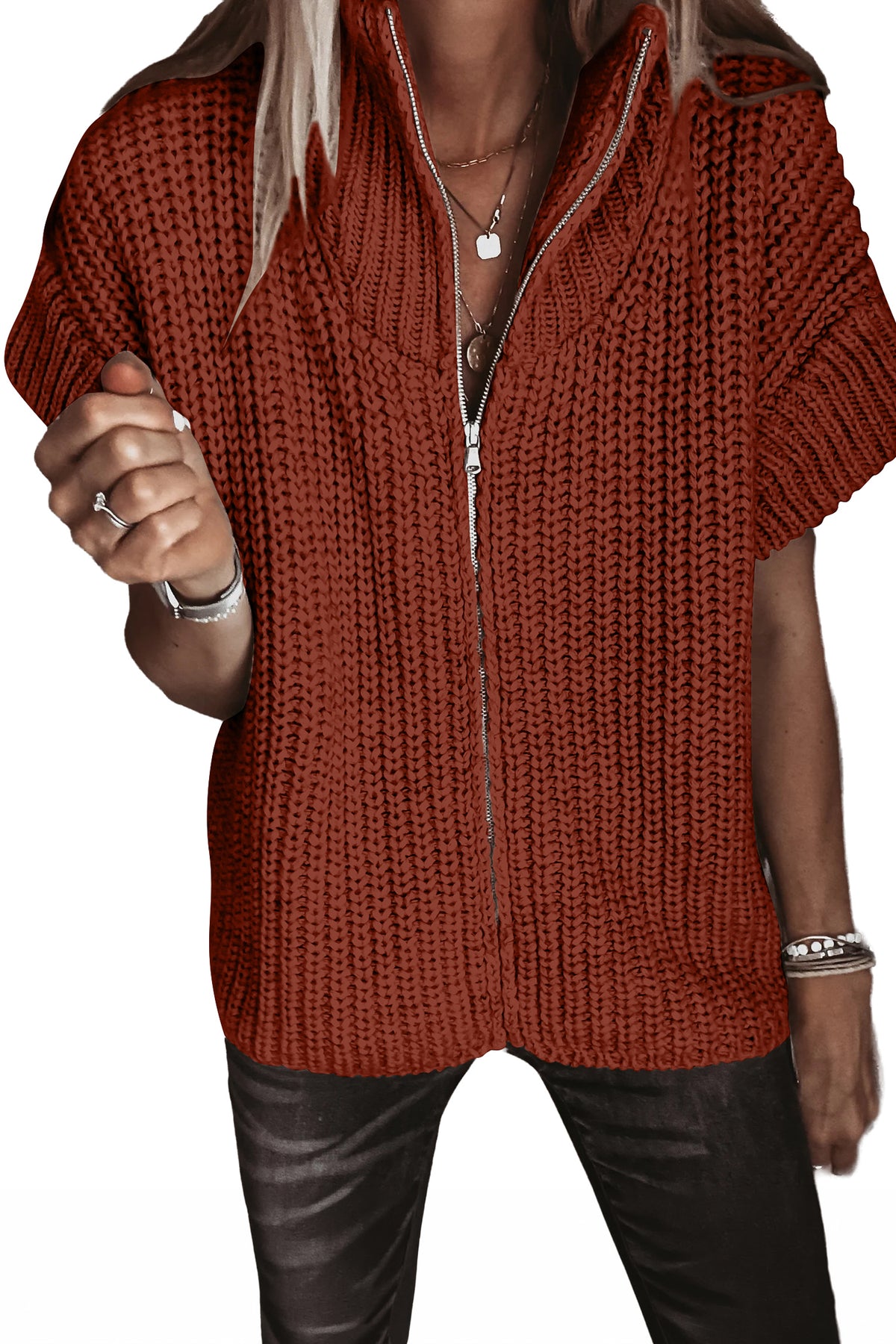 Cinnamon Solid Color Short Sleeve Zipper Knit High Neck Sweater