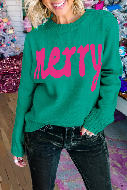 Bright Green Merry Print Ribbed Trim Round Neck Loose Fit Sweater