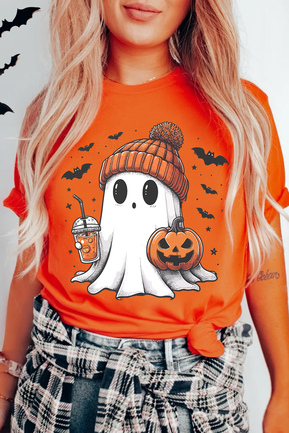 T-shirt d'Halloween orange avec imprimé citrouille fantôme mignon
