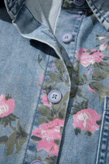 Blue Bracelet Sleeve Floral Denim Shirt