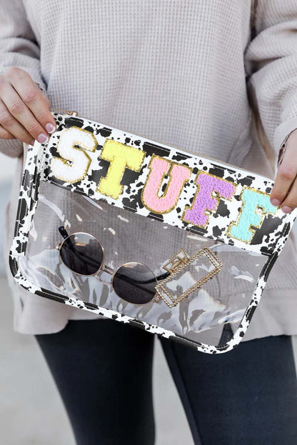 Black STUFF Cow Print Transparent Zipped Pouch