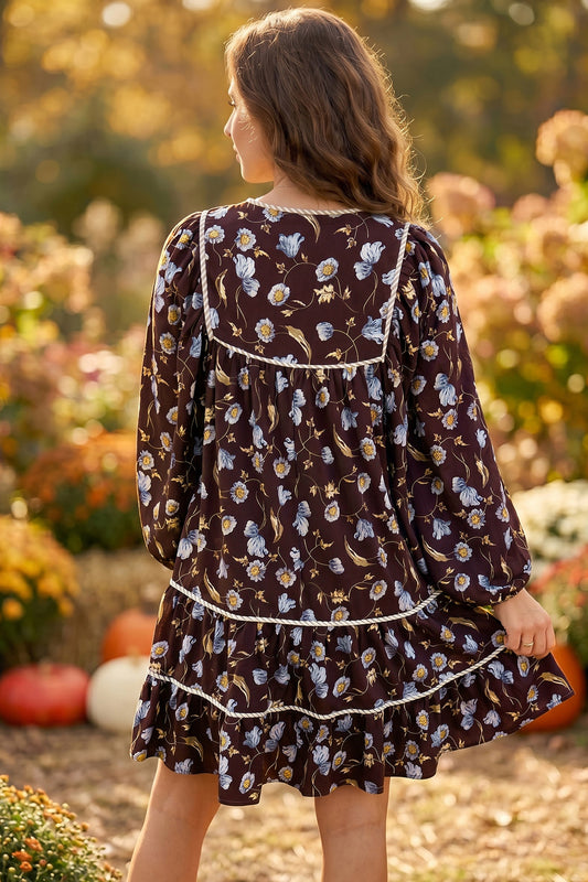 Brown Floral Print Shirred V Neck Shift Dress