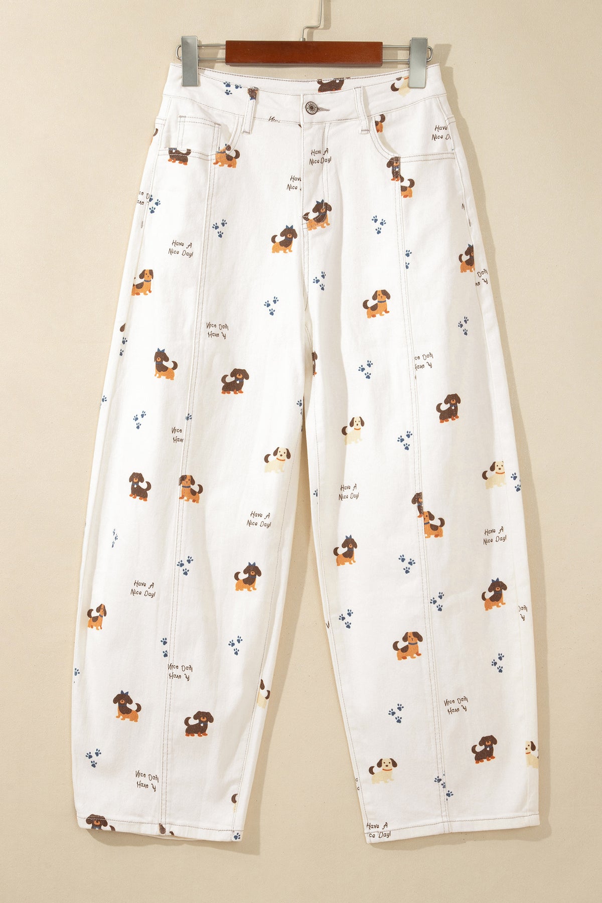 White Abstract Dog Print Wide Leg Full-Length Jeans