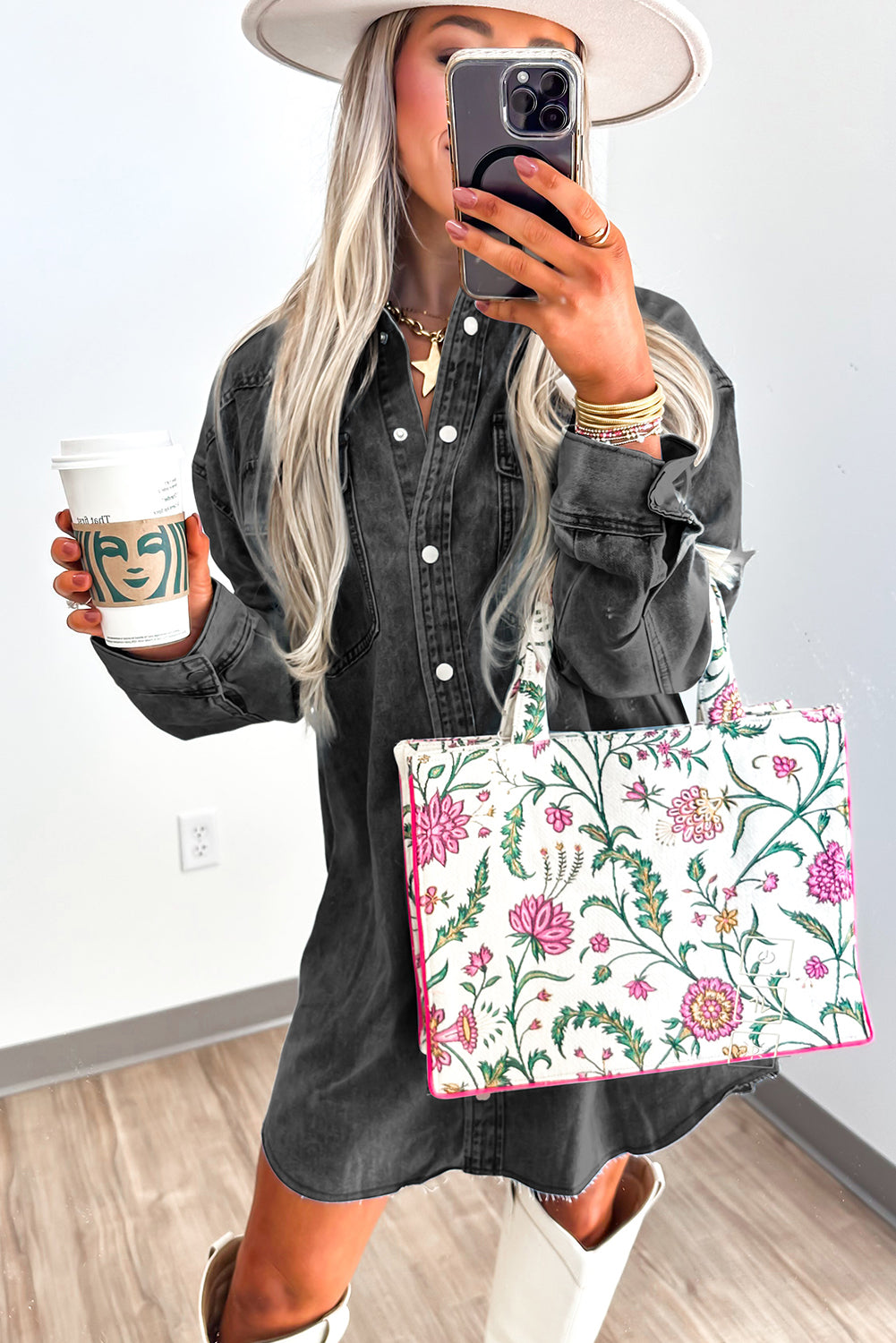 Medium Grey Beau Chest Pocket Raw Hem Denim Loose Shirt Dress