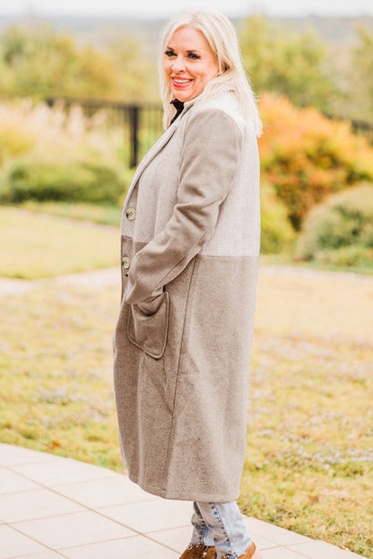 Manteau long kaki grande taille à col à revers et blocs de couleurs 