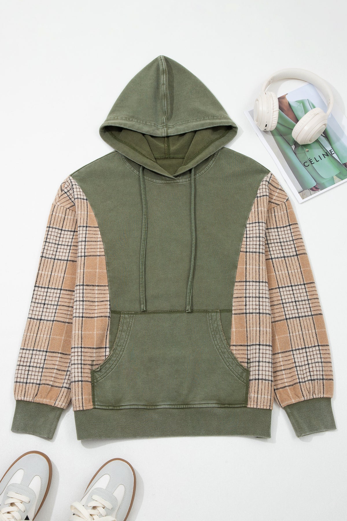 Moss Green Plaid Sleeve Drawstring Pocket Hooded Sweatshirt