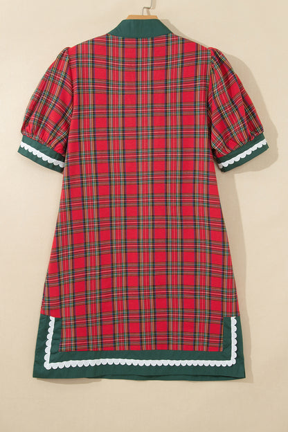 Red Plaid Mini Mini Shift Style Short Sleeve Dress