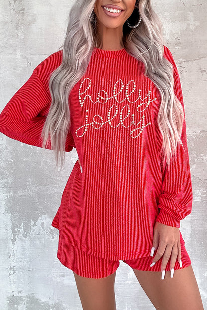 Ensemble haut à manches longues et short à cordon de serrage avec strass en forme de flamme dorée