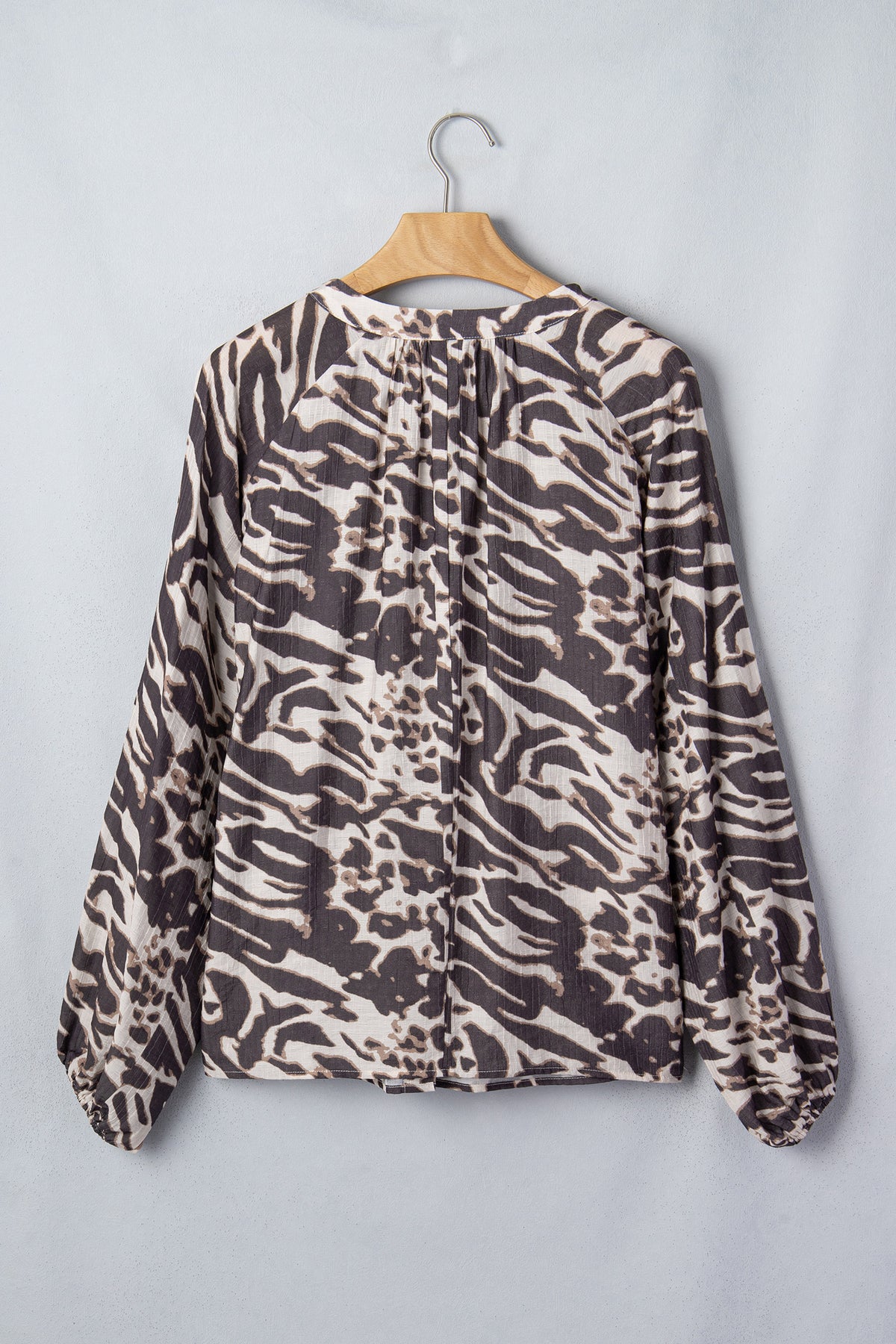 Parchment Leopard Print V Neck Button Down Balloon Sleeve Shirt
