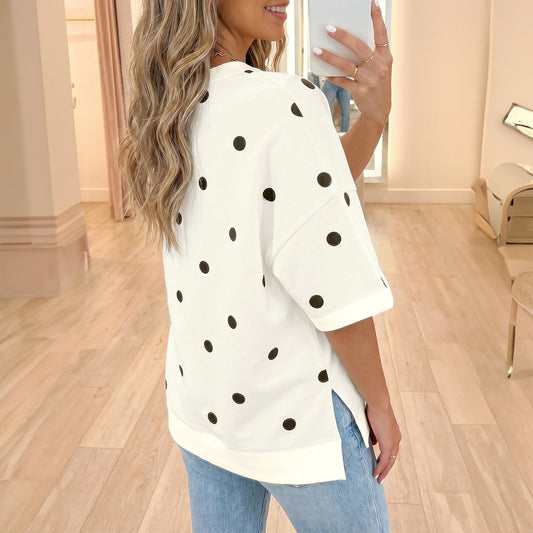 Beige Polka Dot Print Crossed Seam Detail Oversize Tee