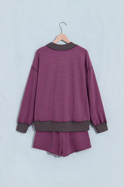 Brown Ribbed Patchwork Mock Neck Baggy Pullover Matching Shorts Set