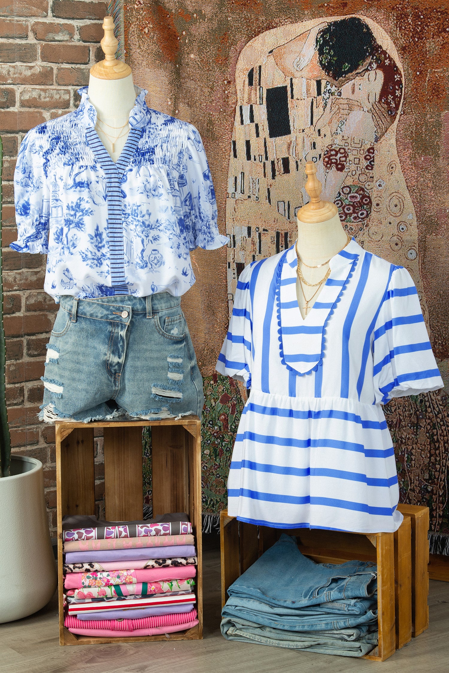 Blue Wild Animal Paradise Striped Detail V Neck Blouse