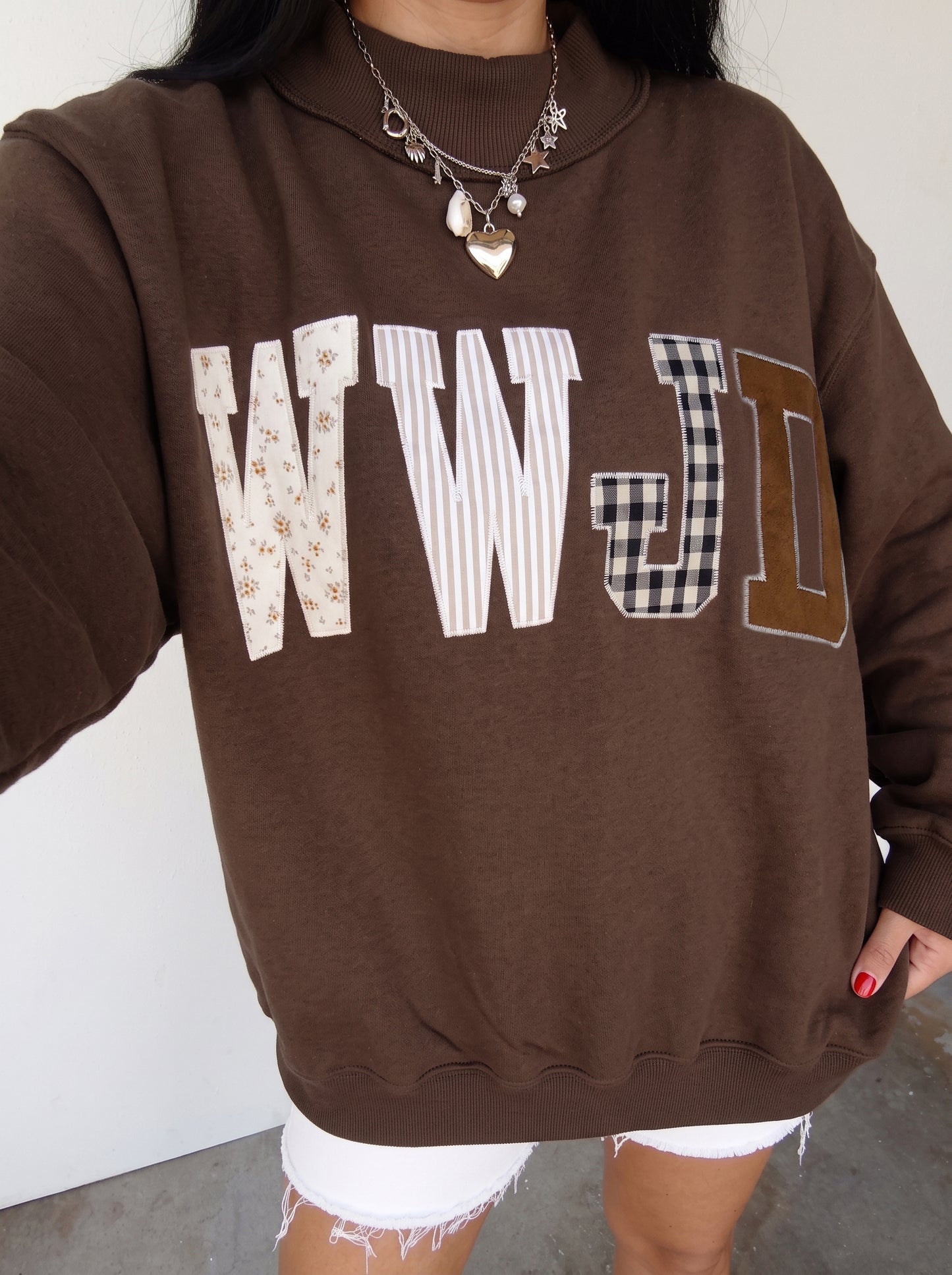 Coffee WWJD Mixed Pattern Embroidered Patch Graphic Mock Neck Sweatshirt