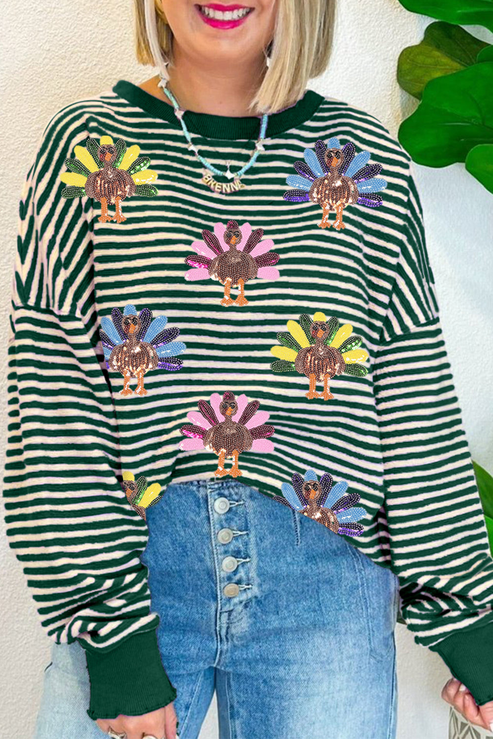 Green Stripe Sequined Turkey Pattern Drop Shoulder Pullover Top