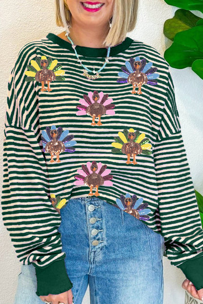 Green Stripe Sequined Turkey Pattern Drop Shoulder Pullover Top