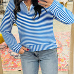 Blue Stripe Quarter Zip Collar Pullover Long Sleeve Top