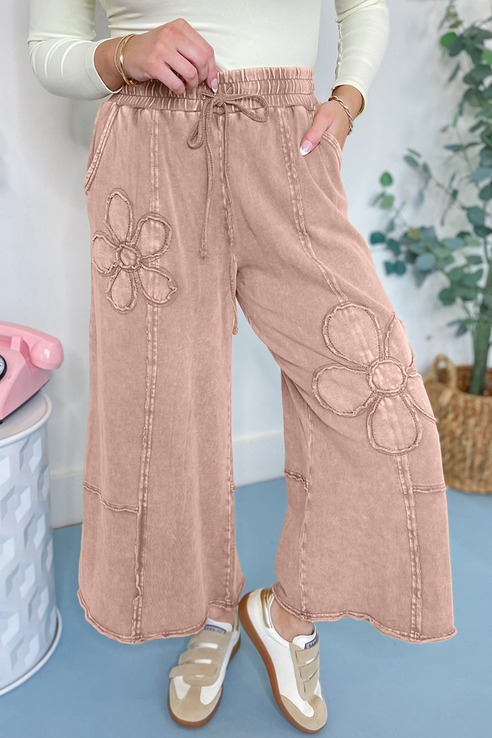Buckskin Flower Patch Mineral Washed Terry Knit Cropped Wide Leg Pants