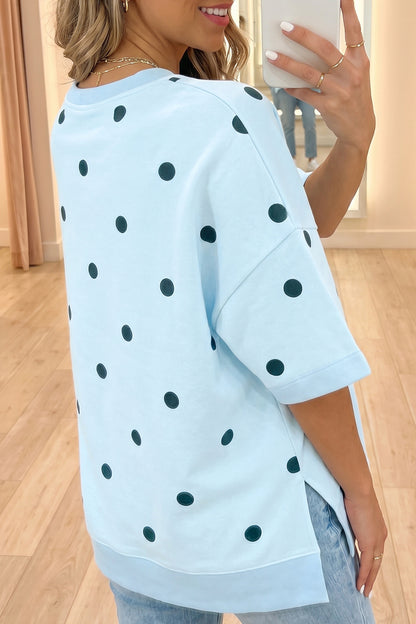 Sky Blue Polka Dot Print Crossed Seam Detail Oversize Tee