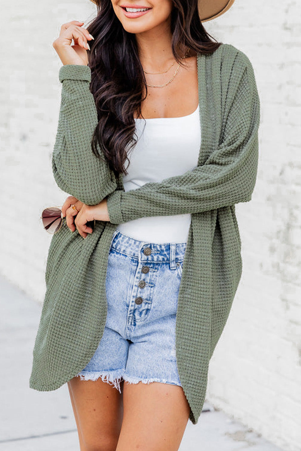 Cardigan ouvert en tricot gaufré vert laurier