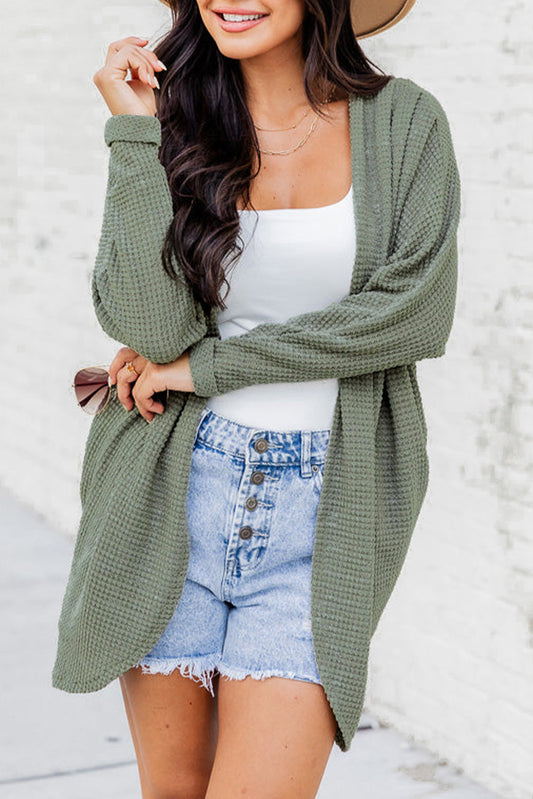 Cardigan ouvert en tricot gaufré vert laurier