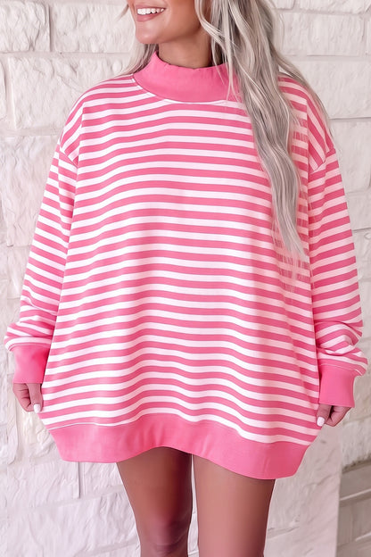 Pink Stripe Cozy Mock Neck Oversized Tunic Sweatshirt