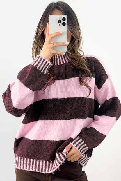 Pink Stripe Contrast High Neck Dropped Shoulder Relaxed Pullover Sweater