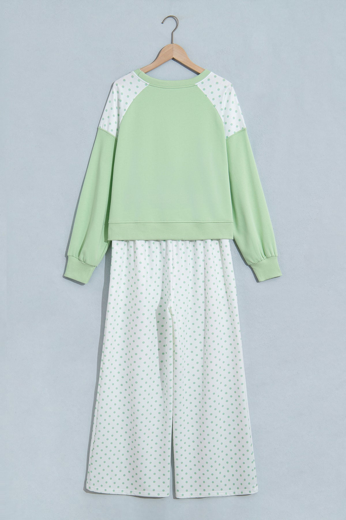 Green Polka Dot Patchwork Colorblock Long Sleeve Casual Two Piece Pants Set