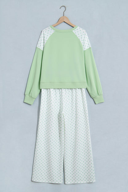 Green Polka Dot Patchwork Colorblock Long Sleeve Casual Two Piece Pants Set