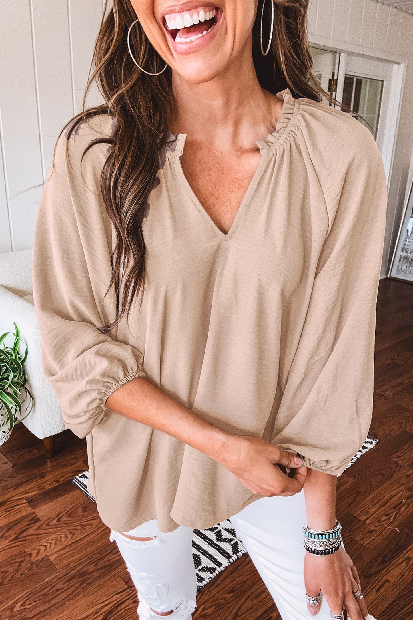 Parchment V Neck Gathered Cuff Three Quarter Sleeve Blouse