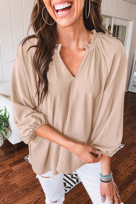 Parchment V Neck Gathered Cuff Three Quarter Sleeve Blouse