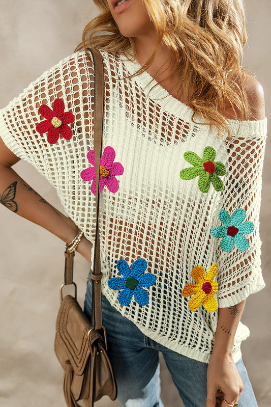 T-shirt blanc à fleurs en crochet ajourées 