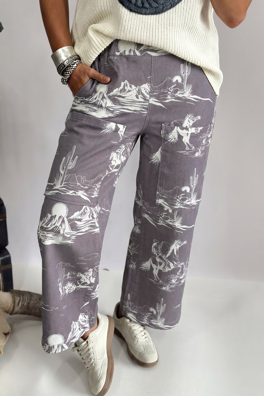 Gray Wild West Riding Vintage Printed Shift Jeans