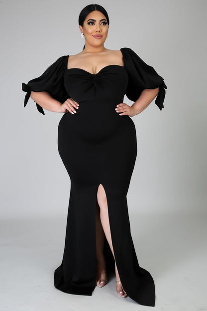 Bow Tie Puff Sleeve Plus Size High Slit Maxi Dress