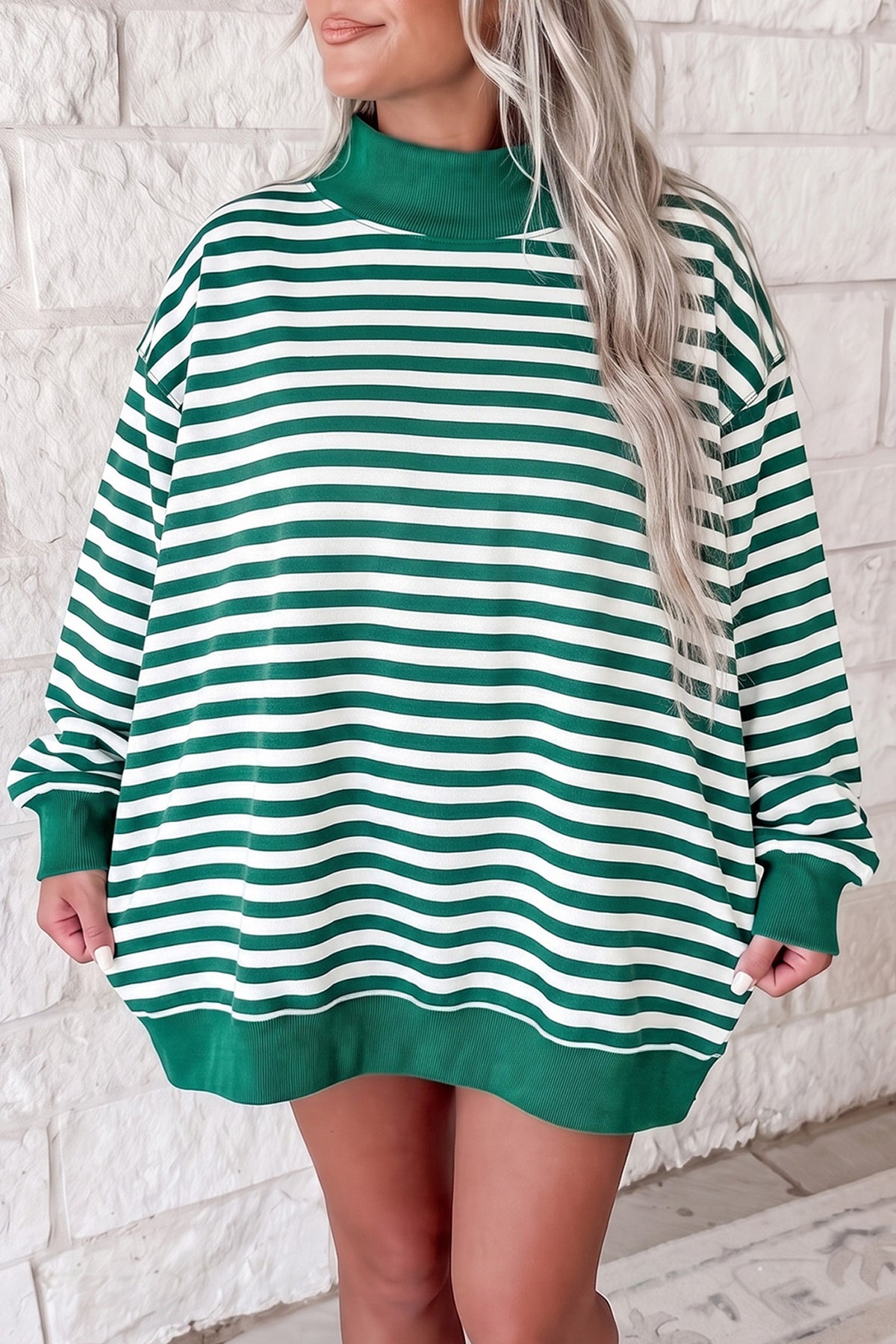 Green Stripe Cozy Mock Neck Oversized Tunic Sweatshirt