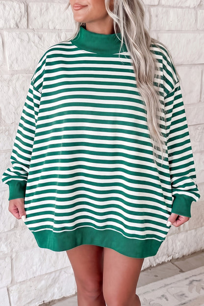 Green Stripe Cozy Mock Neck Oversized Tunic Sweatshirt