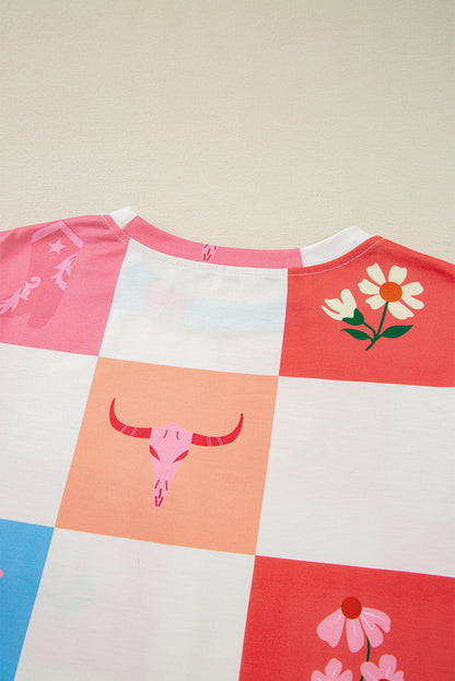 T-shirt à col rond orange à imprimé carreaux Western Fashion