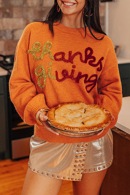 Pull ras du cou à épaules tombantes et guirlandes de Thanksgiving orange roux