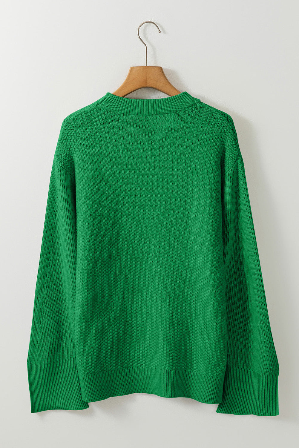 Dark Green Solid Textured Knit Split Cuff Drop Shoulder Loose Sweater