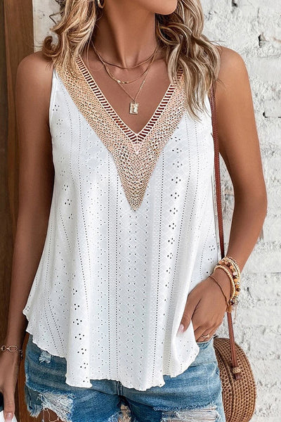 White Lace Crochet Splicing V Neck Loose Fit Tank Top – HannaBanna