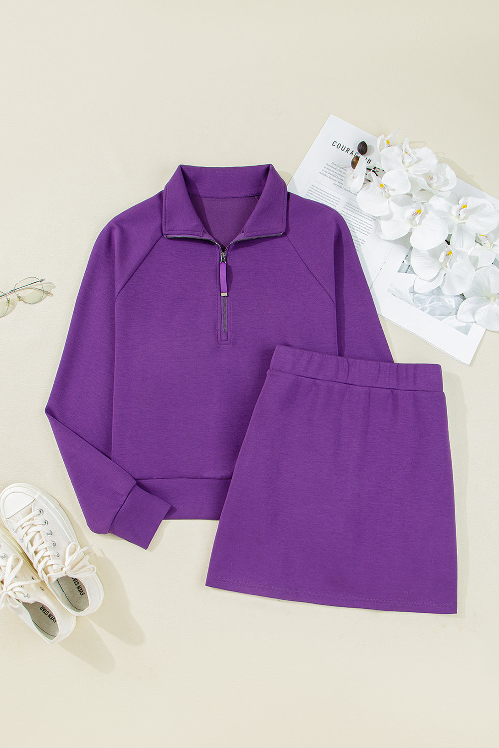 Wisteria Half Zip Sporty Pullover Mini Skirt 2pcs Outfit