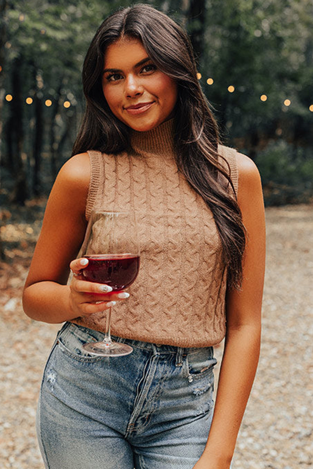 Débardeur à col montant en maille torsadée de couleur unie beige clair