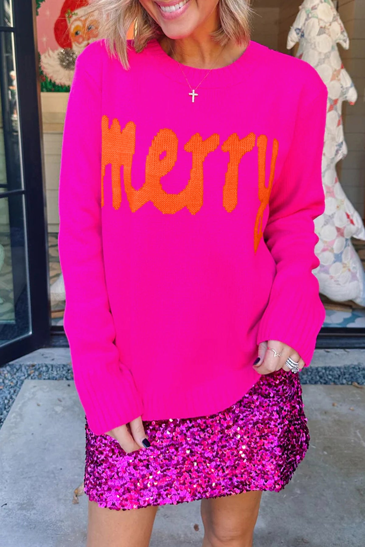 Rose Red Merry Print Ribbed Trim Round Neck Loose Fit Sweater