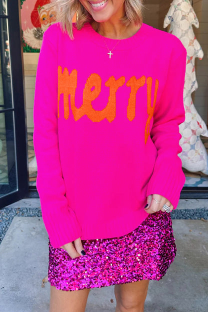 Rose Red Merry Print Ribbed Trim Round Neck Loose Fit Sweater
